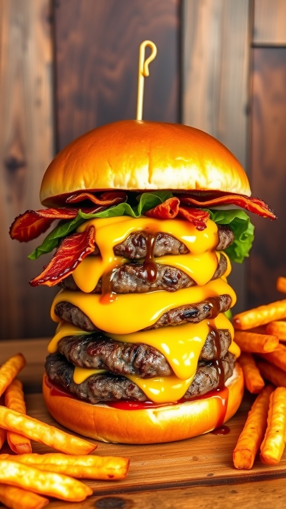 A delicious gourmet burger with beef patty, cheese, bacon, lettuce, tomato in a brioche bun on a rustic table with fries.